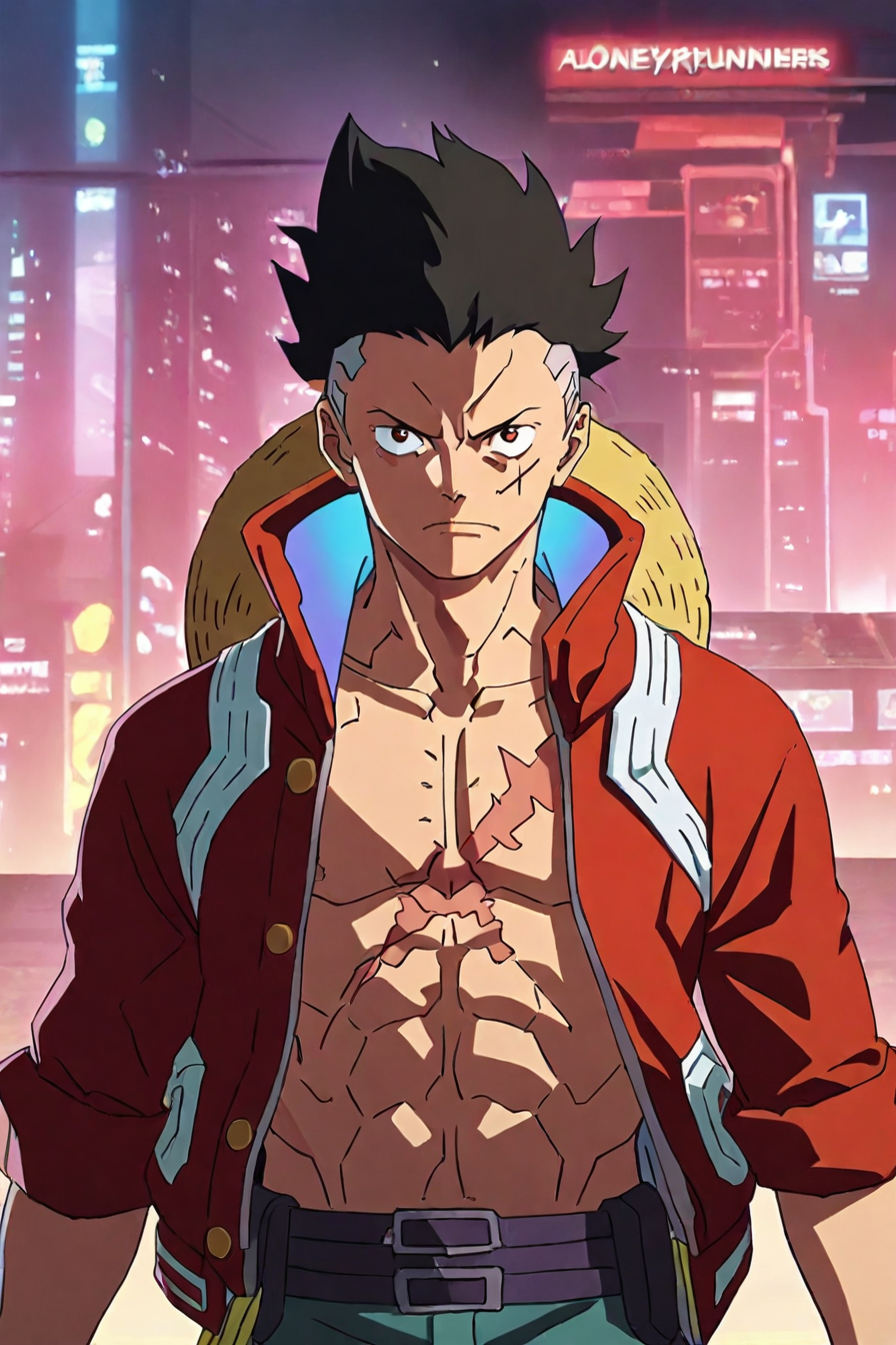<lora:LUFFY_pony_XL:0.6>, (Luffy:0.5), red jacket, scar on chest, straw hat, black hair, 1boy, solo, alone, <lora:cyberpunk_edgerunners_style_illustriousXL:0.8>, cyberpunk_edgerunners_style, masterpiece, highres