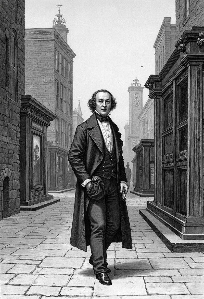 An etching of Charles Dickens walking through the streets of Victorian London, observing poverty, crime, and social injustice.