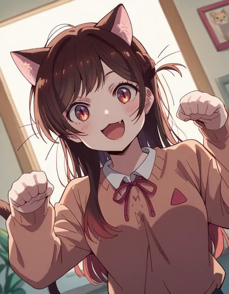score_9, score_8_up, score_7_up, source_anime, chizuruichinose, <lora:chizuru-ichinose-s1-ponyxl-lora-nochekaiser:1>, chizuru ichinose,, <lora:paw-pose-ponyxl-lora-nochekaiser:1>, paw pose, cat ears, cat tail, animal ears, tail, cat girl, open mouth, fang, whiskers,, indoors, smile,, cowboy shot, dutch angle, looking at viewer,