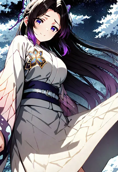 masterpiece, best quality, ultra-detailed, anime, masterpiece, intricate, best quality, 4k, (high detail:1.2), (incredibly detailed:1.4), vivid colors,
very aesthetic, illustration, perfect composition, cinematic, intricate details, absurdres, detailed face, detailed skin, perfect skin, perfecteyes,
1 woman, shinobu kochou, animal print, black hair, butterfly, butterfly hair ornament, butterfly print, forehead, gradient hair, hair ornament, haori, multicolored hair, parted bangs, purple hair, short hair, two-tone hair, planet size, solo, (large breasts: 1.3), (atletic body:0.9), shy smile, looking down, long hair, very long hair, sidelocks, kimono, white kimono, blue belt, snowflake pattern, standing, full body photo,
Snowy forest, mountains,
Side view,