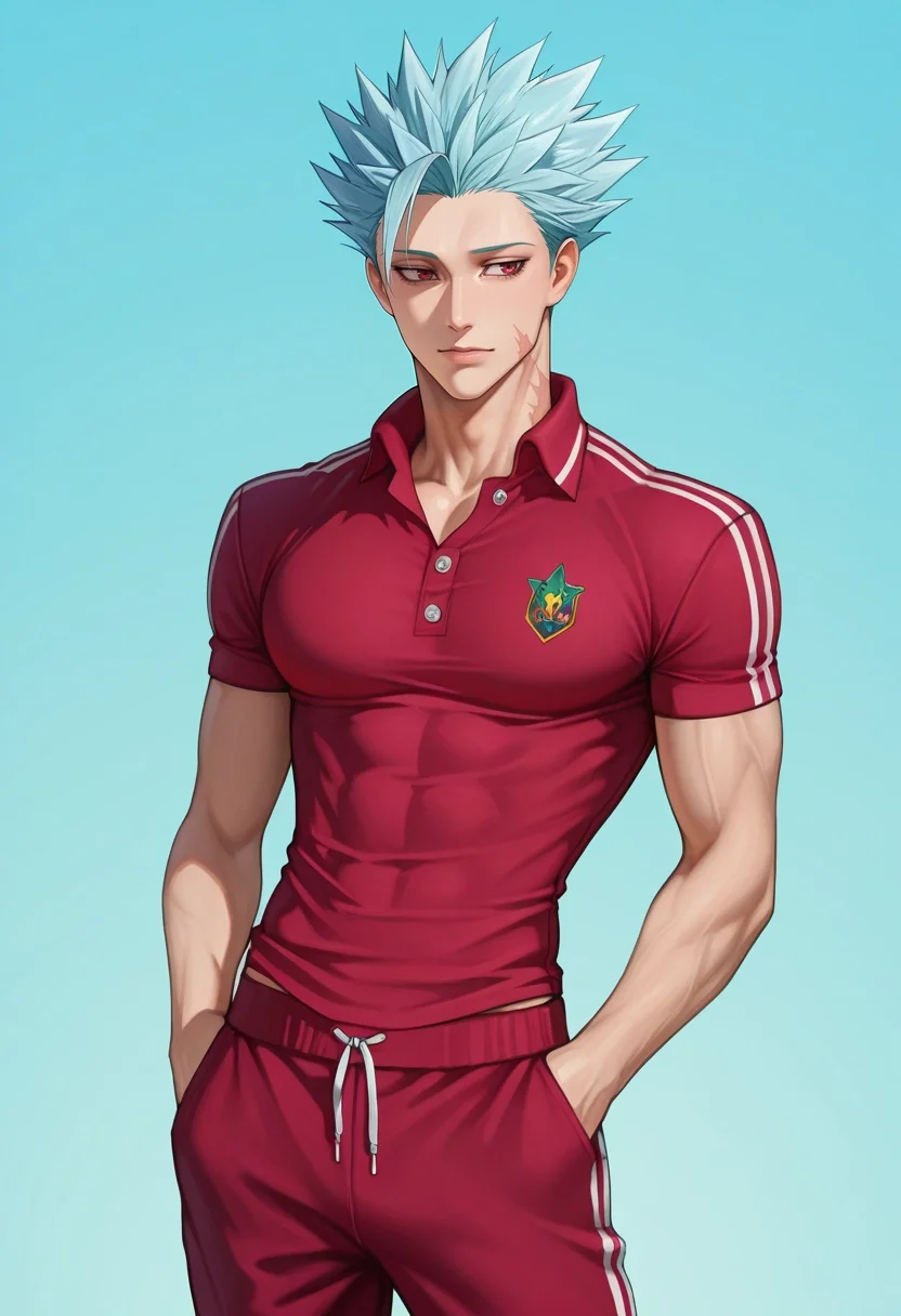 masterpiece, best quality, , (realistic:0.6), , 1boy, solo, male focus, <lora:ban_nanatsu_no_taizai_ilxl:0.9>, ban_nanatsu_no_taizai, blue hair, red eyes, spiked hair, scar, , , Track pants with side stripes, Polo shirt, , , Tie and