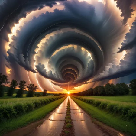 landscape, evening, sunset, thunder, storm clouds tunnel, Spiral Effect, symmetric
