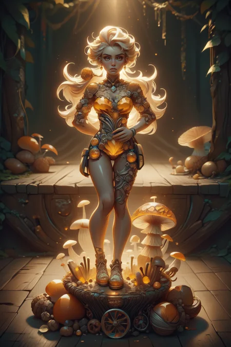 breathtaking 1girl, full shot, full body, <lora:ral-mushroomz:1> mushroomz <lora:citrine-style-darquelilly-v1:1> citrinegemstyle, masterpiece, award-winning, professional, highly detailed, low key lighting, chiaroscuro lighting