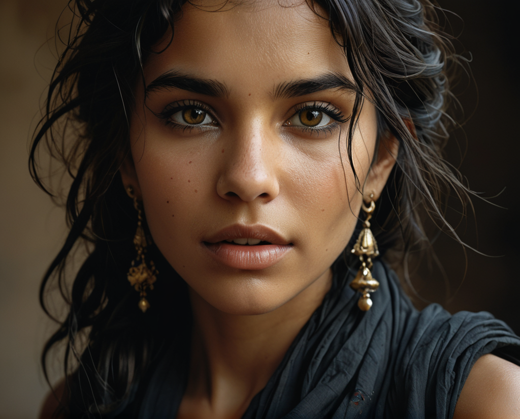 Close-up portrait of the eyes of a gypsy girl (Anna Dittmann features), in profile, wavy black hair, loose and messy hair, strands on the face, wind, hyper-detailed black eyes, direct gaze, dark skin, straight nose, lips fleshy, (open mouth: 0.5), (smile: 1), long face, black scarf around the neck, earrings, fashion style, (Steve McCurry, Herb Ritts, Mario Sorrenti), jasmine, musk, sensuality, tones earth, dark Venetian stucco wall background, studio posture, side light, high contrast, photographic quality, 4K