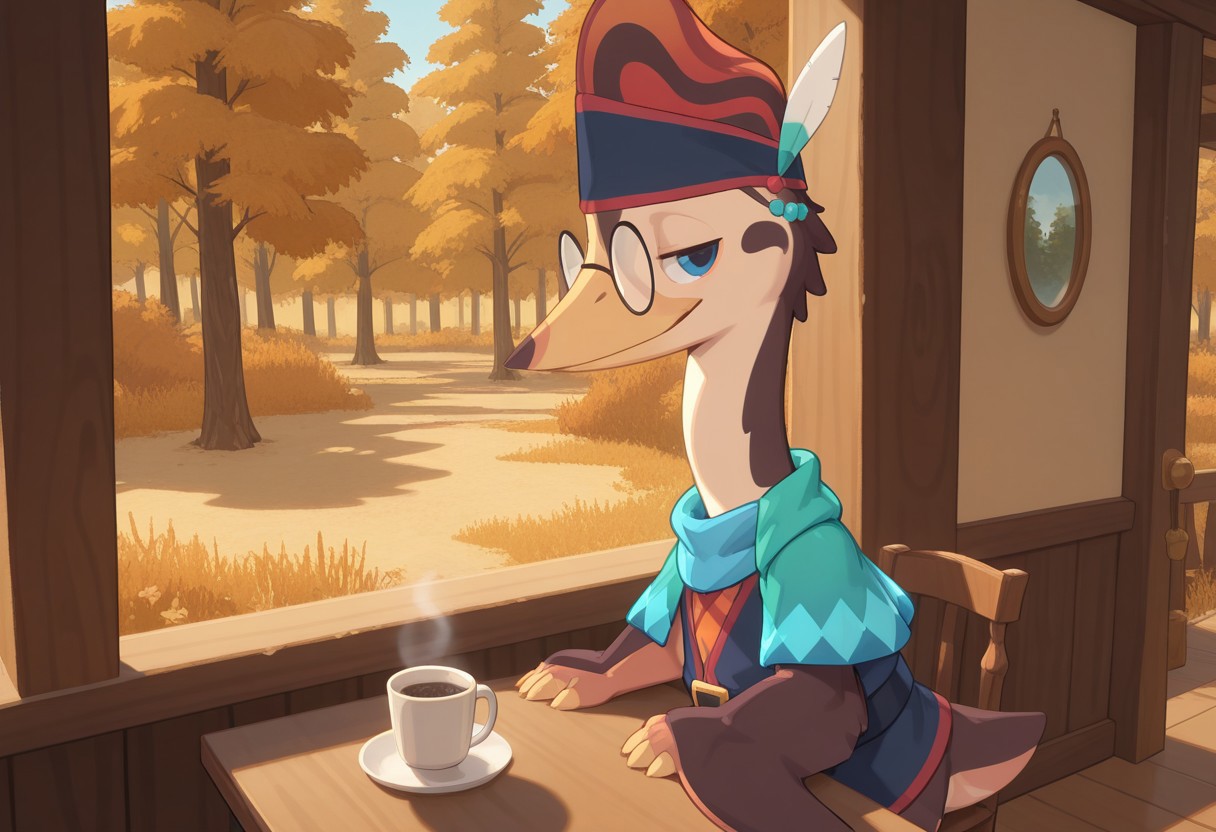 1boy, highres, absurdres, newest, masterpiece, best quality, furry, raptor, scales, tail, claws, Rowan, male, quetzalcoatlus, brown skin, dark yellow beak, blue eyes, membranous wings, winged arms, glasses, dark blue vest, green cape, dark blue headband, blue scarf, standing, seductive look, detailed eyes, bright room, day scene, professional lighting,  solo,  seductive, looking_at_viewer,  masterpiece, close up, explicit, morning, medival koffee house, hot coffee on the table, forest, sits in shair, sleepy