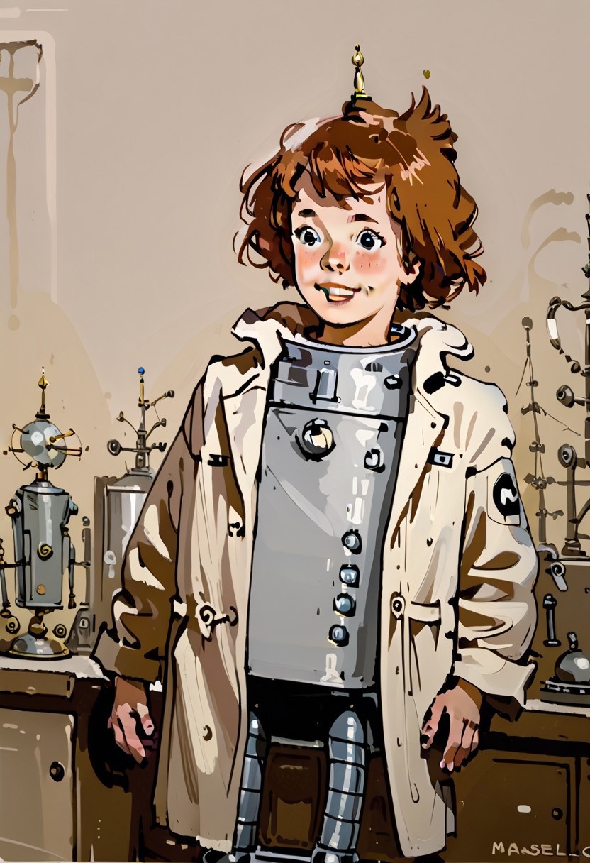 drawn, flat_cartoon_style, Mignstl, 1girl: (Alsel:1.3), golden-red hair, ((flat_chest)), ((Alsel_non_mature_face)), looking at viewer, perfect eyes, perfect hands, detailed fingers, (((skinny_short_girl))), ((happy,)) solo, (pfil), thin legs, thin thighs, small ass,(flat butt), thin ass, ((labcoat)); robot Bender looks aside