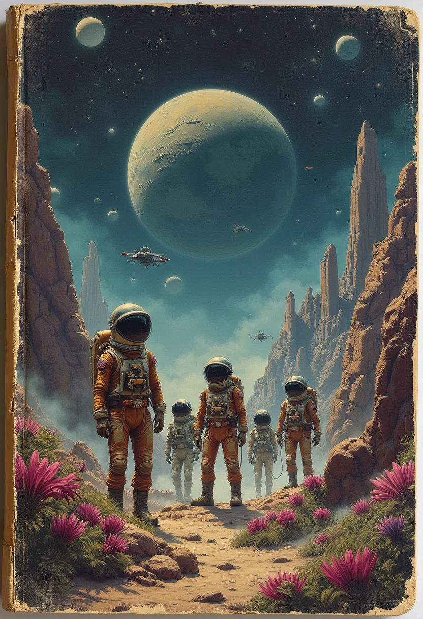 The cover is a faded, worn canvas depicting a cosmic landscape, the colors slightly muted with age. In the center, a mysterious alien planet looms, its surface marked by craggy, uneven terrain and swirling, mist-filled valleys. The once-vibrant purples and greens of the alien landscapes have softened, giving way to a more subdued palette, while strange, otherworldly plants, with their long, tendril-like leaves, stretch towards a dim, distant sun.
A group of astronauts, diverse in their retro-futuristic gear, stand boldly in the foreground. Their spacesuits are detailed with thick, segmented padding and large, reflective visors, scuffed and scratched from countless adventures. The creases of the spine hint at frequent reading, and the paint on the spacesuits appears slightly chipped, as if weathered by time. Their gazes are fixed ahead, where strange alien creatures with elongated limbs and translucent bodies roam through the strange terrain.
Above them, a fleet of angular, vintage spacecraft hovers, the once bright thrusters now dulled by countless journeys through space. The faded title of the book curves across the top of the cover, the letters cracked and worn, hinting at its many years of handling. The backdrop of the scene is a dark expanse of space, dotted with faint, twinkling stars and spirals of distant galaxies, their colors softened, almost blending into the aged paper texture of the cover.
In the background, ancient alien ruins rise from the mist, their forms barely visible against the worn cover, suggesting long-forgotten secrets. The edges of the paperback are frayed, and small creases run through the image, enhancing the vintage, well-loved look of this classic sci-fi adventure. The whole scene carries a nostalgic sense of discovery and the thrilling uncertainty of uncharted worlds, as if inviting readers to turn the pages of a time-worn story filled with endless possibilities.