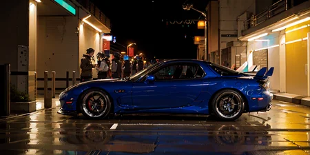masterpiece,best quality,official art,extremely detailed CG unity 8k wallpaper,illustration, light,car, bright, motor vehicle, ground vehicle, sports car, vehicle focus, road, need for speed, moving, wet, (night, midnight:1.5), cyberpunk, tokyo,neon lights,drift, <lora:FD3S-000008:0.9>