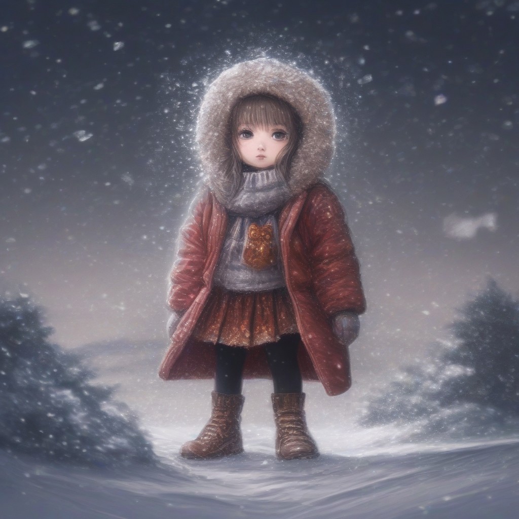 a chibi girl wear santa clause clothes take a bag of golden snowflakes on a street with a lot of snowflakes fall down