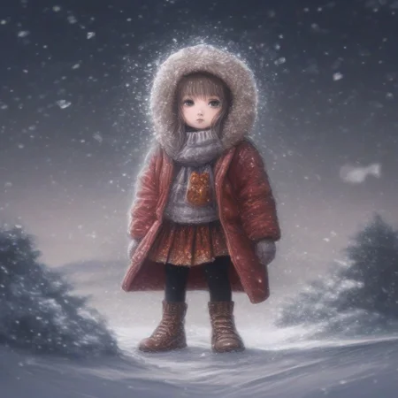 a chibi girl wear santa clause clothes take a bag of golden snowflakes on a street with a lot of snowflakes fall down