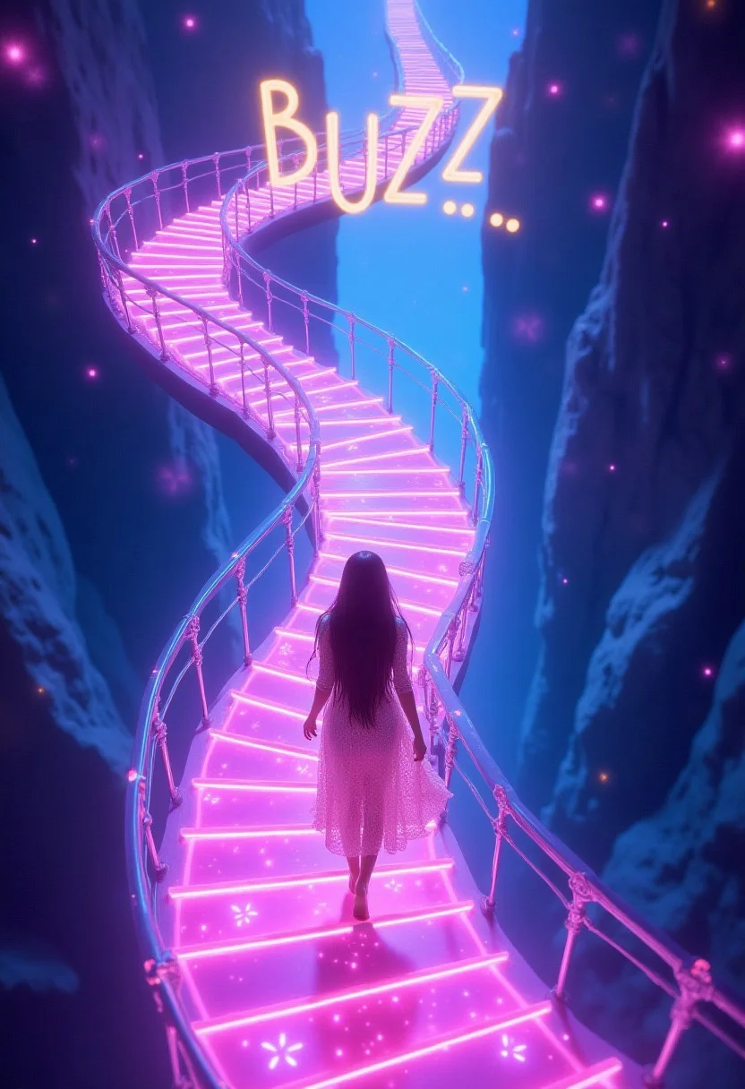 Digital art,illustration,A dreamlike illustration with an overhead view of a distant scene,at the center of which is a woman walking barefoot on glowing,slender steps. The steps spiral and coil in a complex pattern,floating in the void until they disappear into the far distance,resembling a Möbius strip that distorts space. In the distance where the stairs disappear, there is a brightly colored, ethereal artistic font text "BUZZ".The staircase glimmers crystal,radiating pink,purple,blue,and yellow lights,dotted with twinkling stars and luminous flower spots. The woman is seen from behind,her long hair flowing freely,wearing a shimmering,semi-transparent gossamer gown. The dress flutters gently,also adorned with light spots in a gradient of colors. The entire scene has a strong play of light and shadow,creating a surreal and fantastical atmosphere. The void around the staircase also sparkles with strange,colorful glows.,