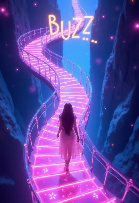 Digital art,illustration,A dreamlike illustration with an overhead view of a distant scene,at the center of which is a woman walking barefoot on glowing,slender steps. The steps spiral and coil in a complex pattern,floating in the void until they disappear into the far distance,resembling a Möbius strip that distorts space. In the distance where the stairs disappear, there is a brightly colored, ethereal artistic font text  "BUZZ".The staircase glimmers  crystal,radiating pink,purple,blue,and yellow lights,dotted with twinkling stars and luminous flower spots. The woman is seen from behind,her long hair flowing freely,wearing a shimmering,semi-transparent gossamer gown. The dress flutters gently,also adorned with light spots in a gradient of colors. The entire scene has a strong play of light and shadow,creating a surreal and fantastical atmosphere. The void around the staircase also sparkles with strange,colorful glows.,