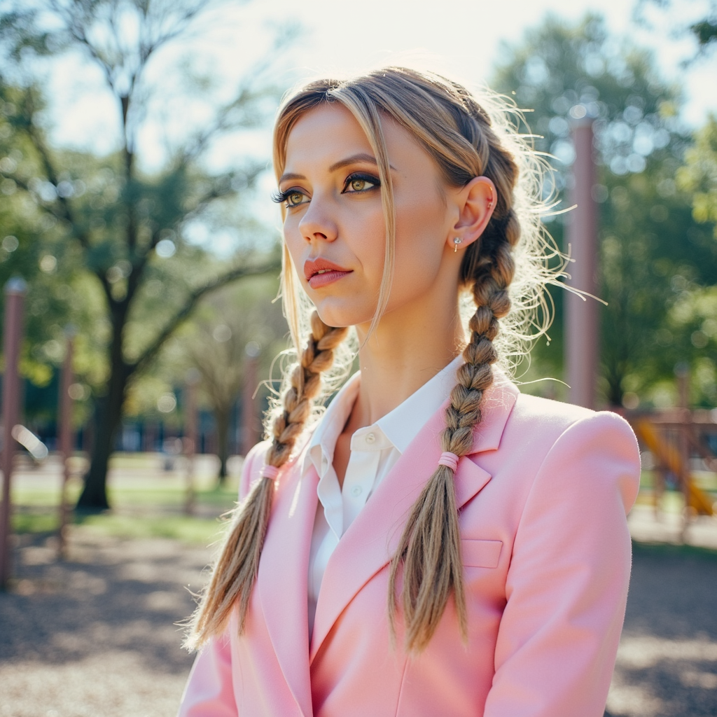 analog film photo watercolor painting ethereal fantasy concept art of  surrealist art analog photography, analog photo, a stunning woman in an eerie abandoned playground in the background, she's wearing a pink women's suit, braided hair, a white blouse and a pink headlace. A candid, close up shot <lora:Riley_Voelkel:1> rileyv . dreamlike, mysterious, provocative, symbolic, intricate, detailed, magnificent, celestial, ethereal, painterly, epic, majestic, magical, fantasy art, cover art, dreamy . vibrant, beautiful, painterly, detailed, textural, artistic, RAW candid cinema, 16mm, color graded portra 400 film, remarkable color, ultra realistic, textured skin, remarkable detailed pupils, realistic dull skin noise, visible skin detail, skin fuzz, dry skin, shot with cinematic camera . faded film, desaturated, 35mm photo, grainy, vignette, vintage, Kodachrome, Lomography, stained, highly detailed, found footage