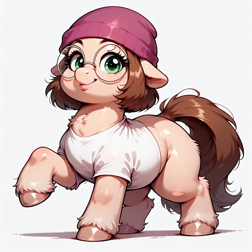 rating_questionable, score_9, score_8_up, score_7_up, ( pony:1.3), feral, Meg, looking at viewer, brown hair, round glasses, chubby, nerdy, clothed, cute pose, dynamic pose, full body, thighs, eyelashes, green eyes, tshirt,  beanie, detailed, realistic, BREAK, zPDXL3, MegaFluffyPony, fluffy, shiny