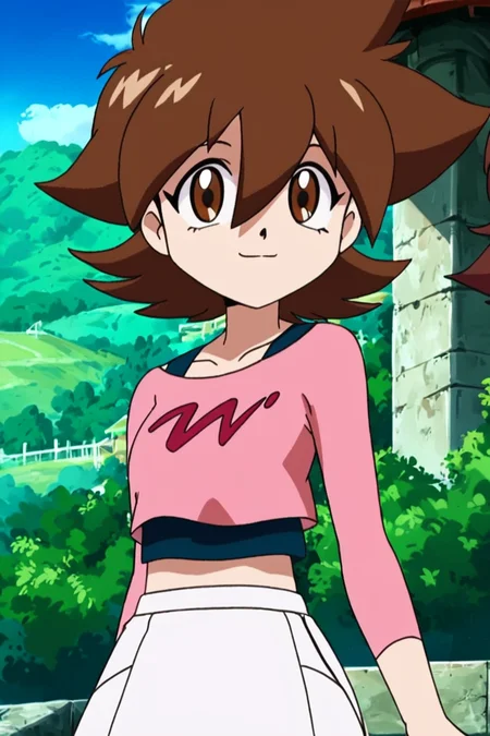 score_9, score_8_up, score_8, medium breasts, (curvy), cute, eyelashes, ,,, , zzTachibana, brown eyes, hair between eyes, brown hair, flipped hair, short hair, spiked hair, pink shirt, long sleeves, white skirt, crop top, midriff, ,<lora:Tachibana_Hiromi_PDXL:1.0>, , BREAK, smile, looking at viewer, cowboy shot, ,,, outdoors, sky, day, cloud, tree, blue sky, sunny, ,,, Expressiveh, ,,, <lora:Alola_Style_PDXL:0.8>, <lora:Expressive_H-000001:0.4>,