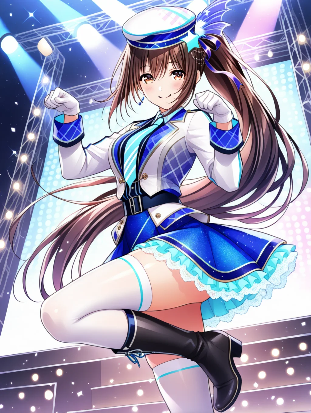 perfect quality,best quality,absolutely eye-catching,ambient occlusion,raytracing BREAK
1girl,<lora:hanayome IL v1.1_1:0.8>,utahosi,brown hair,ponytail,hat,hair ornament,idol,long sleeves,belt,miniskirt,lace trim,white thighhighs,black boots,stage,stage lights,light particles,solo,, from below, looking at viewer,full_shot,on_side,paw_pose,caramelldansen,knee_up,