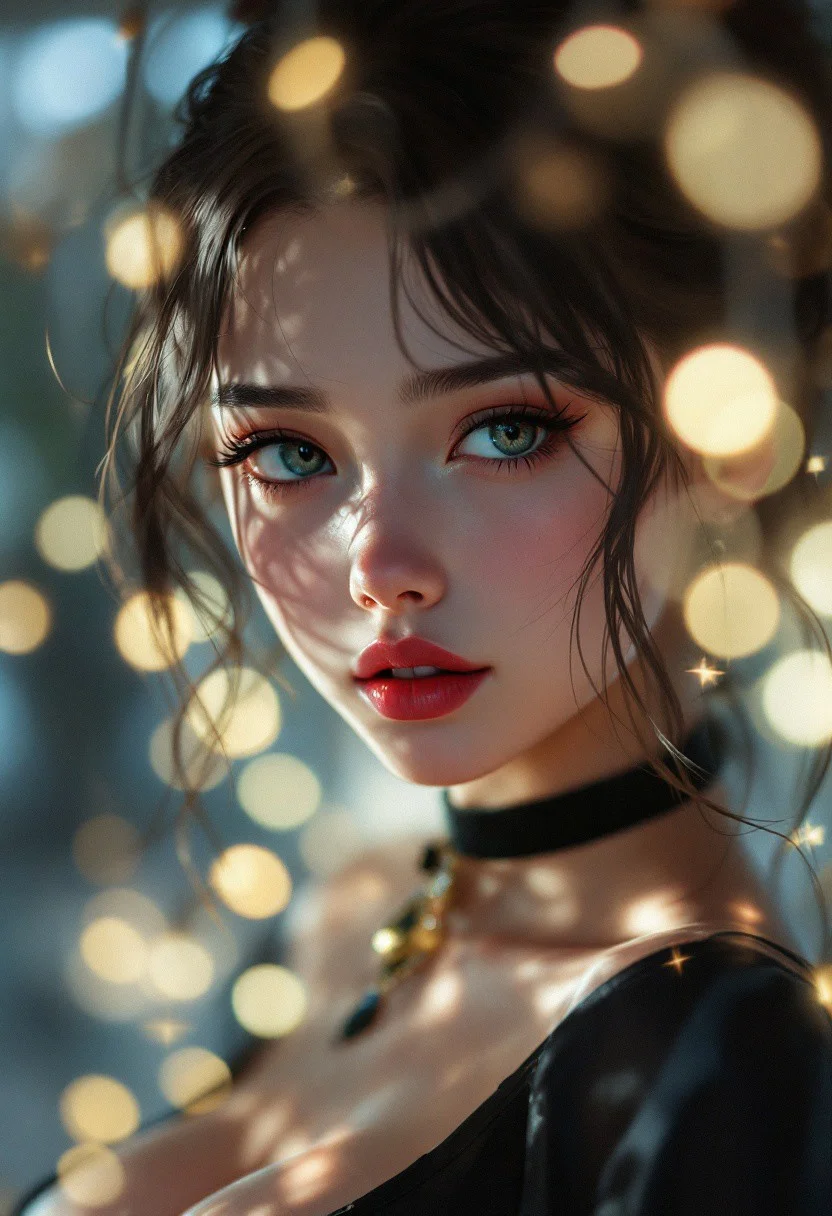 hyperrealistic digital painting by Jeremiah Ketner and Charlie Bowater and Stanley Artgerm and Thomas Saliot and J. Scott Campbell, shallow depth of field, realistic anime, bokeh, lifelike anime woman, closeup on cute face and body, eyes, lips, light and shadows on face, choker