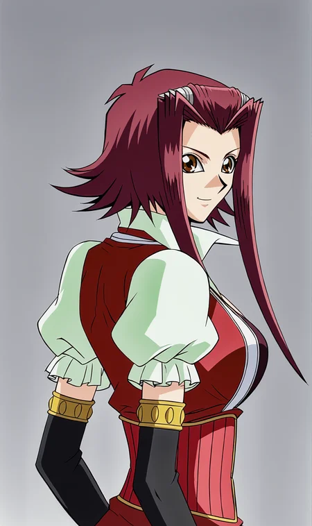 AI, 1girl, solo, red hair, short hair with long locks, forehead, hair ornament, red sleeveless jacket, collar, brown eyes, puffy sleeves, corset, elbow gloves, from behind, simple background, smile, looking behind, looking at viewer, upper body, portrait, <lora:Akiza Izinski Pony XL:1>
