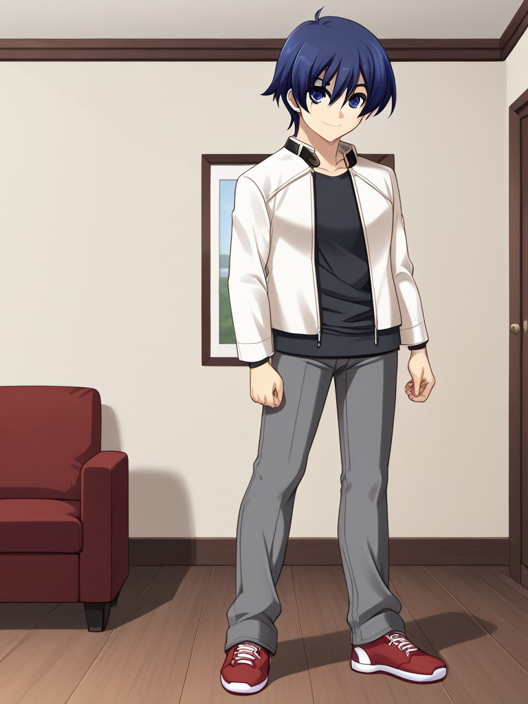 1boy, solo, kakerueleveneyes, blue hair, short hair, ahoge, blue eyes, white jacket, black shirt, grey pants, red sneakers, indoors, living room, standing, smile, full body