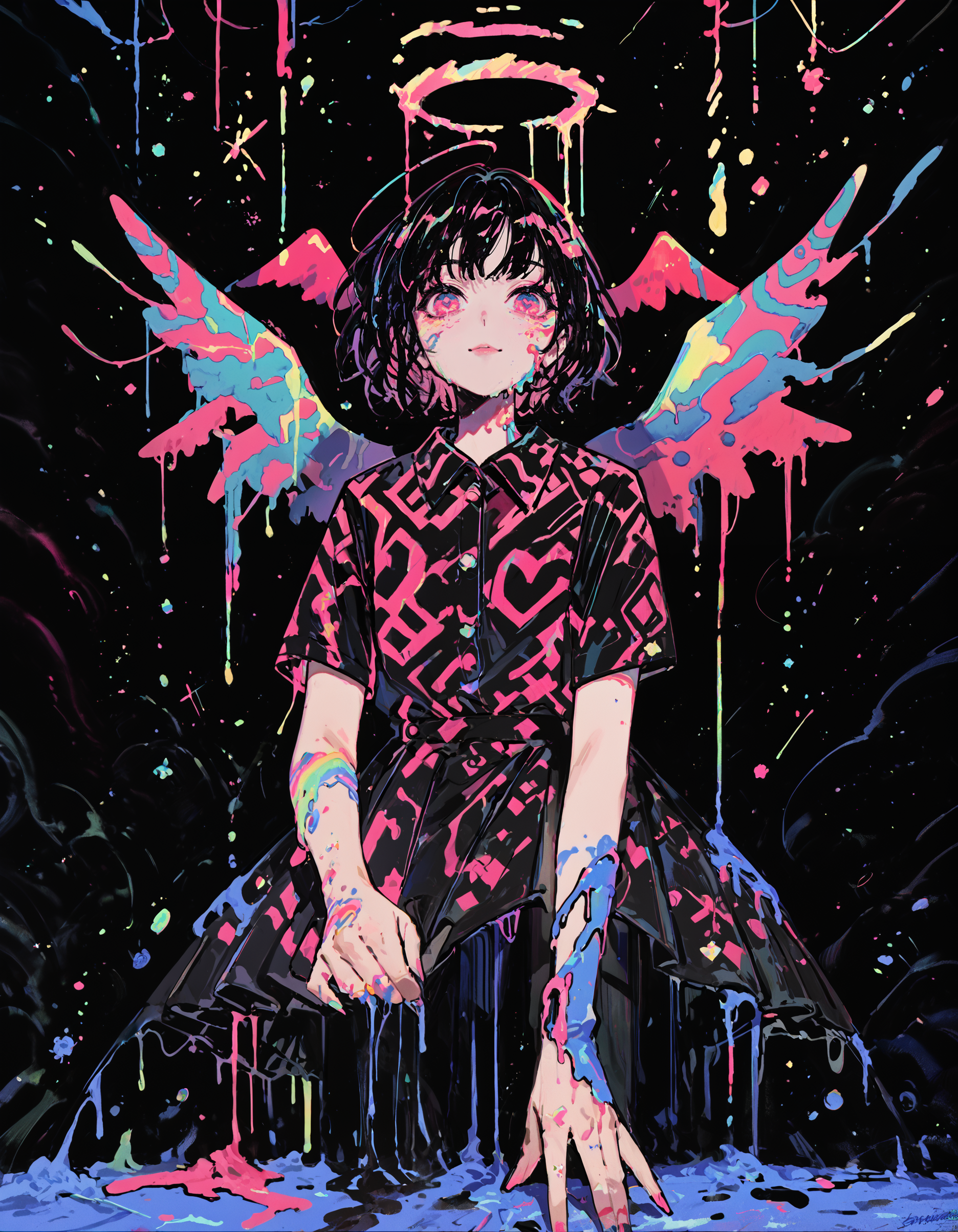 score_9, score_8_up, score_7_up, score_6_up,masterpiece,best quality, absurdres,colourful, pink, blue, black, red, trippy,1girl,solo, wings, halo, skirt, melting, shirt, short sleeves, black background, pink eyes, breast pocket, <lora:soup_perfect:0.7>, <lora:f3nn3rXLP:1>, <lora:Abstract:0.4>