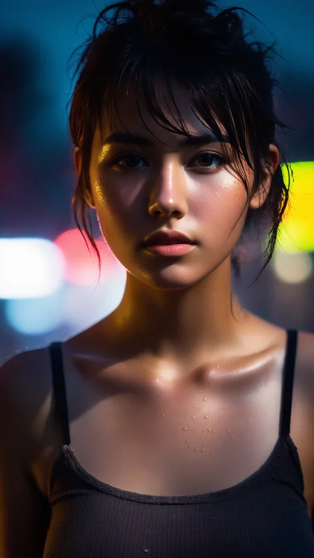 city street, neon, fog, volumetric, closeup portrait photo of young woman in dark clothes, (messy hair:0.3), (naked breast), (shot from distance), (dirty body:1.6), Indifferent, (body sweat), (wet body), tank top, depth of field, ( gorgeous:1.2), detailed face, dark theme, Night, soothing tones, muted colors, high contrast, (natural skin texture, hyperrealism, soft light, sharp), (freckles:0.3), (acne:0.3), Cannon EOS 5D Mark III