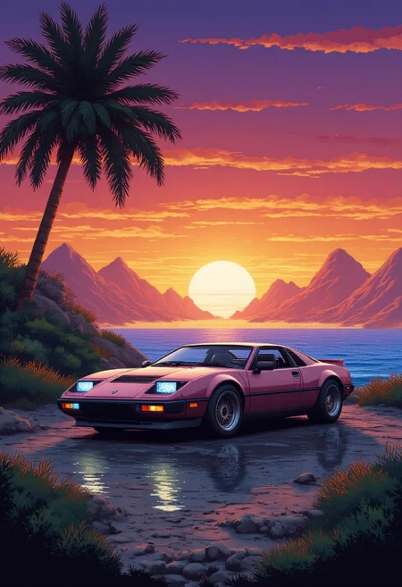 pixel art, photoshoot near the ocean at sunset near a 90s car
