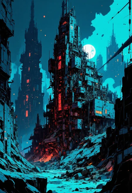 CAICO, nvinkpunk dark blue and black theme, detailed image, This is a digital artwork in the style of ckgr, the image is featuring a sci-fi cityscape of colossal buildings and towers, black and gunmetal grey alloy surfaces with high-end circuitry, red glowing diodes and lights, large depth of field. The sky is a dark midnight blue, with a moon and stars showing in a clear sky