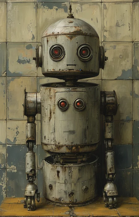 masterpiece,best quality,<lora:tbh163-sdxl:0.9>,illustration,style of Mike Worrall, portrait of Housework robots
