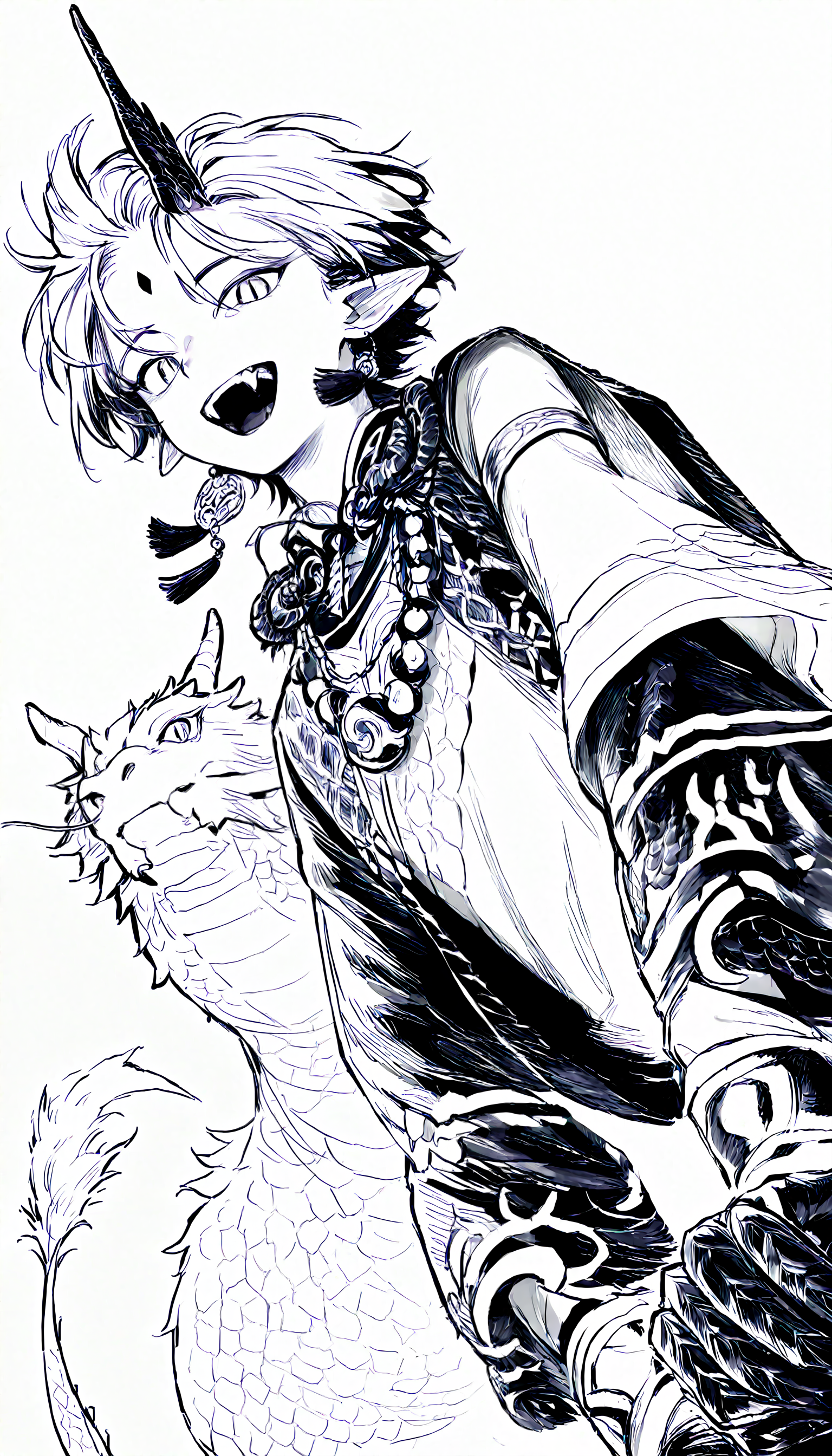 1boy, 1girl, original, solo, general, simple background, white background, upper body, from below, dutch angle, male focus, floating hair, looking at viewer, mouth mask, open mouth, fangs, fur-tipped tail, dragon tail, tongue, animal ears, single horn, covered mouth, dragon horns, slit pupils, short hair, torn clothes, cloak, long sleeves, tassel earrings, by nianshoufa, necklace, greyscale, armlet, eastern dragon, forehead mark, dragon boy, scales
