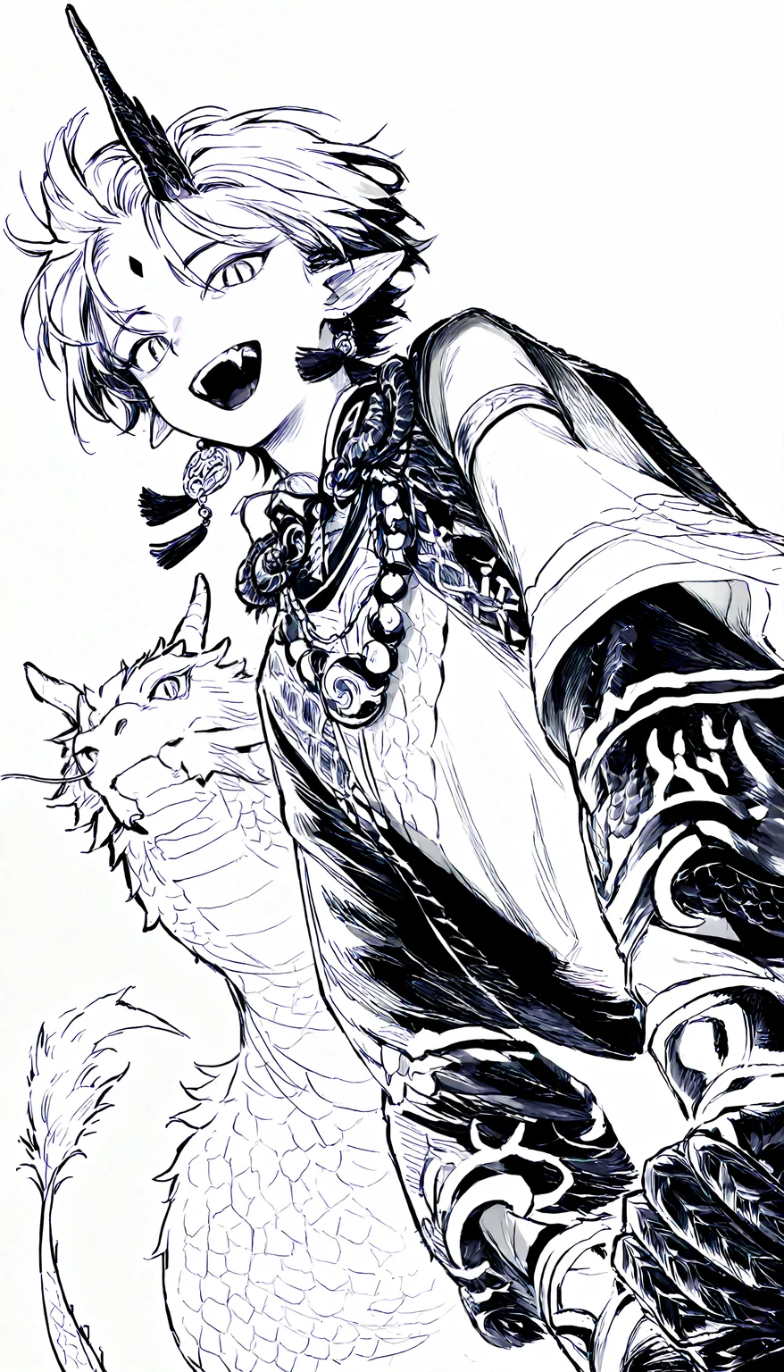 1boy, 1girl, original, solo, general, simple background, white background, upper body, from below, dutch angle, male focus, floating hair, looking at viewer, mouth mask, open mouth, fangs, fur-tipped tail, dragon tail, tongue, animal ears, single horn, covered mouth, dragon horns, slit pupils, short hair, torn clothes, cloak, long sleeves, tassel earrings, by nianshoufa, necklace, greyscale, armlet, eastern dragon, forehead mark, dragon boy, scales