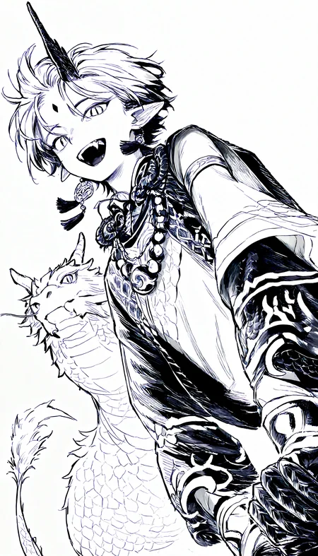 1boy, 1girl, original, solo, general, simple background, white background, upper body, from below, dutch angle, male focus, floating hair, looking at viewer, mouth mask, open mouth, fangs, fur-tipped tail, dragon tail, tongue, animal ears, single horn, covered mouth, dragon horns, slit pupils, short hair, torn clothes, cloak, long sleeves, tassel earrings, by nianshoufa, necklace, greyscale, armlet, eastern dragon, forehead mark, dragon boy, scales