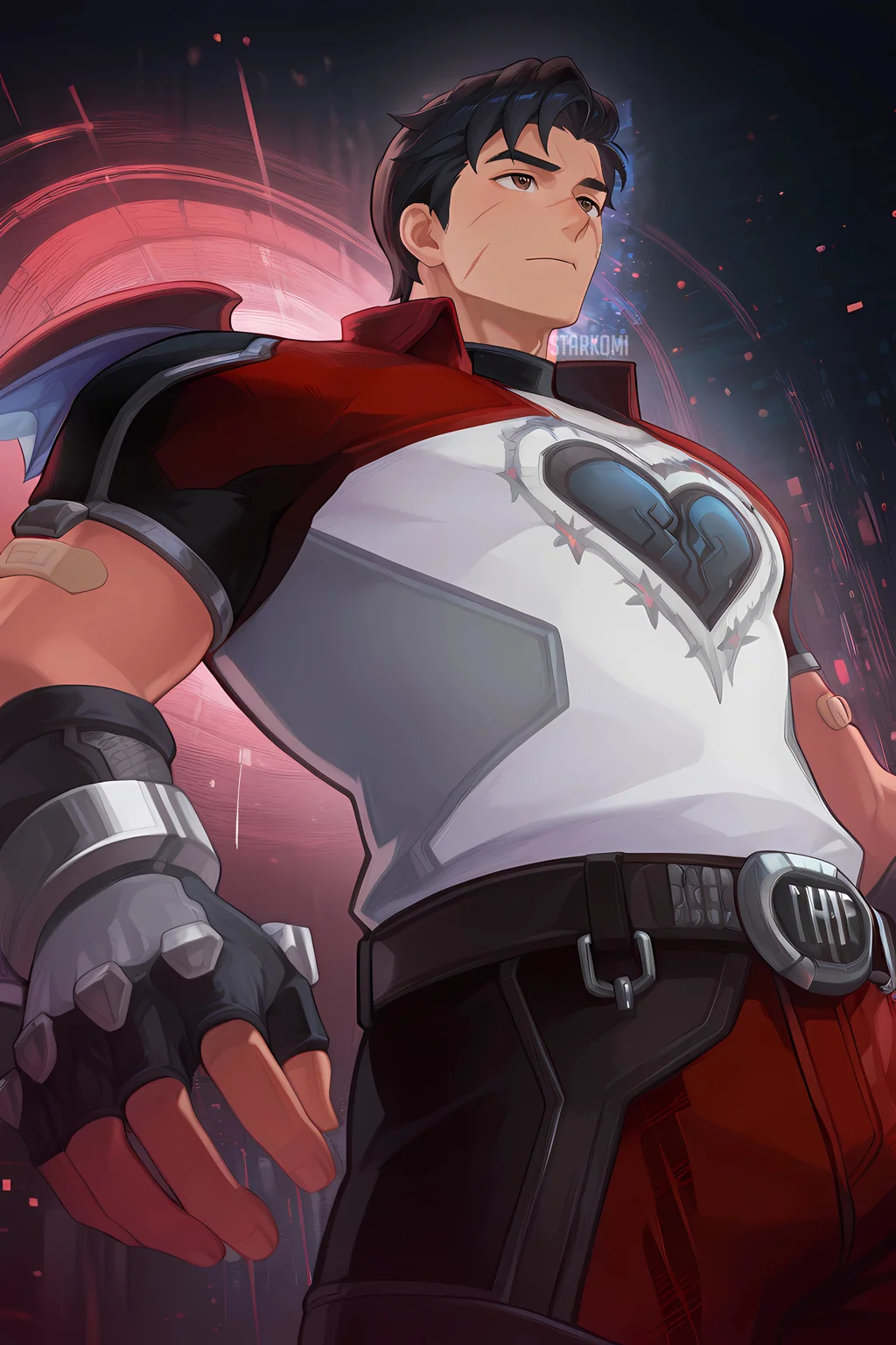 male focus, 1boy, mature male, reaper \(heartbreaker\) \(overwatch\), bara, dark skin, short hair, black hair, scar on face, scar on cheek, brown eyes, detailed eyes, clean shaven face, heartbreaker, red jacket, white top, fingerless gloves, bandaid, belt, red pant, looking at viewer, very awa, masterpiece, best quality, absurdres, newest, perfect quality, detailed background, intricate details, masterpiece, best quality, absurdres, newest, perfect quality, best quality, abstract background, cinematic, colorful, from below, portrait, dynamic pose, intricate details, animification, anime, source_anime