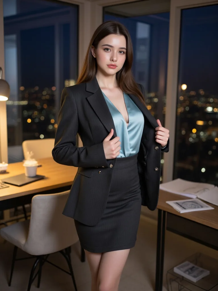 There are wonderful studio lights and various reflections,skin naturally showing the texture of blood vessels,detailed pale skin,looking at viewer,18yo beautiful cute girl with blushing and female orgasm,
the sidelight outlines her sexy body curves,
--,
--,<lora:AGirl_type3_F1:0.9>,she is dasha taran,
perfect light art,
--,
--, A young female model is portraying a fashionable urban woman, and the scene captures the moment she gracefully removes her blazer. She is wearing a tailored dark gray professional suit with smooth shoulder lines and a fabric that has a subtle texture. The cuffs and collar are adorned with silver buttons, adding a touch of sophistication. Her fingers gently grasp the sides of the blazer, her movements elegant and natural, as if she has just finished a long day at work. The blazer's lining is made of silk, offering a soft sheen that contrasts with the matte exterior. Underneath, she wears a light blue silk blouse with a slightly open collar, revealing a relaxed state. The blouse clings softly to her body, accentuating her graceful curves. She pairs the outfit with a matching pencil skirt that falls just above the knees, maintaining a professional yet elegant look. Her legs are covered in flesh-toned stockings, their delicate texture catching the light subtly. On her feet, she wears black pointed-toe heels with a moderate heel height, perfectly complementing her leg lines. Her long hair cascades over her shoulders, smooth and glossy, while her makeup is understated, highlighting her natural brows and soft lip color. Her expression shows a hint of fatigue, but her eyes reflect contentment and relaxation. The background is a modern office with a city nightscape visible through the window. The indoor lighting is warm and soft, creating a cozy atmosphere. A laptop, a few documents, and a steaming cup of coffee on the desk add realism to the scene.