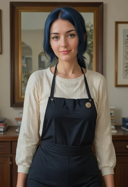 (8k, best quality, masterpiece:1.2), (realistic, photo-realistic:1.37), ultra-detailed, Score_9, Score_8_up, Score_7_up, masterpiece, best quality, highres, (depth of field:1.5), detailed face,  (((full shot:1.5))), 1girl,  woman, (ultra HD quality details), (japanese:1.2), ribbed sweater,collarbone,black apron,badge,pants,denim,iori rinko,blue hair,green eyes,mature female,ponytail, smile, undressing
