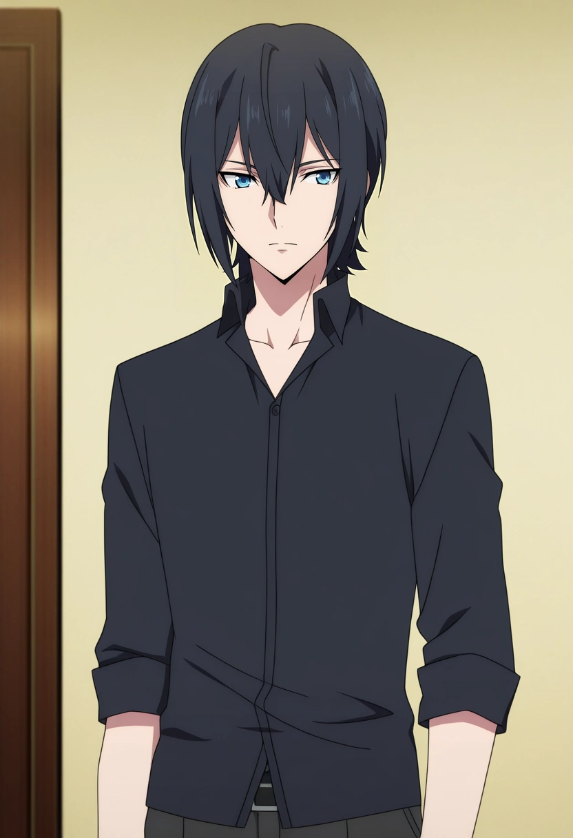 masterpiece, best quality, anime screencap, official style, anime coloring, cowboy shot, 1boy, solo, male focus, <lora:ren_amaki_ilxl:0.96>, ren_amaki, black hair, blue eyes, hair between eyes, ,