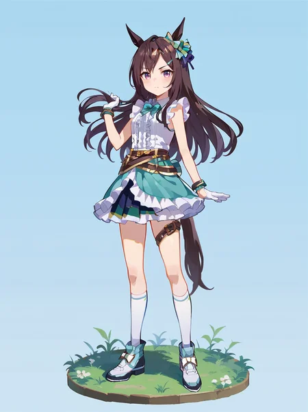 score_9, score_8_up, score_7_up, rating_safe, masterpiece, best quality, absurdres, source_anime,
mejiro dober \(umamusume\), 1girl, horse ears, full body, horse tail, looking at viewer, white gloves, tachi-e, standing, arm at side, ear ornament, white frilled overskirt, white frilled multicolored pleated skirt, white kneehighs, white frilled sleeveless shirt, green hairclip, single thigh belt, brown belt, brown wristband, green bowtie, multicolored shoes, 
 <lora:pony_mejiro_dober_v1.0:0.8>