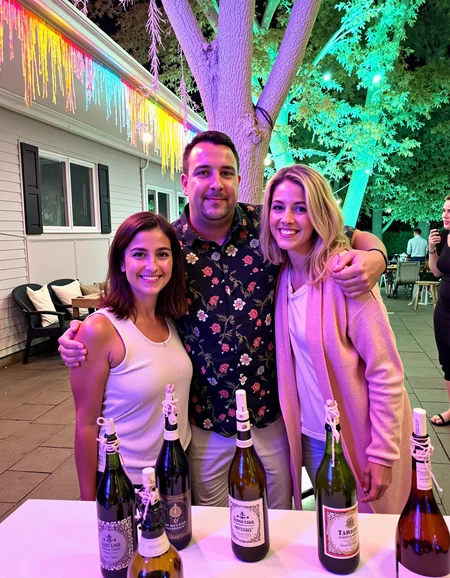 A candid full body shot photo of three friends enjoying an outdoor gathering at night, with soft artificial lighting creating a warm and cozy atmosphere; the image is sharp with vivid colors and a subtle color palette. The main subjects are two women and a man standing close together, smiling warmly at the camera. One woman, on the left, Caucasian, medium-length brown hair, and a playful smile, dressed in a light sleeveless top. The man in the middle, of Caucasian descent, has a large build with short black hair and a trimmed beard, wearing a dark floral-patterned shirt. The other woman, on the right, is Caucasian with fair skin and long blonde hair, wearing a pink cardigan over a white top. They are gathered around a table covered with drink bottles, hinting at a relaxed party atmosphere. The soft artificial lighting filters through the surrounding tree branches and colorful hanging decorations, casting gentle shadows that create a sense of intimacy. In the background, a white house while the glowing lights enhance the overall cozy and cheerful mood of the scene, emphasizing both the subjects and their surroundings <lora:amateurphoto-v5-14-15-1-1:0.4>