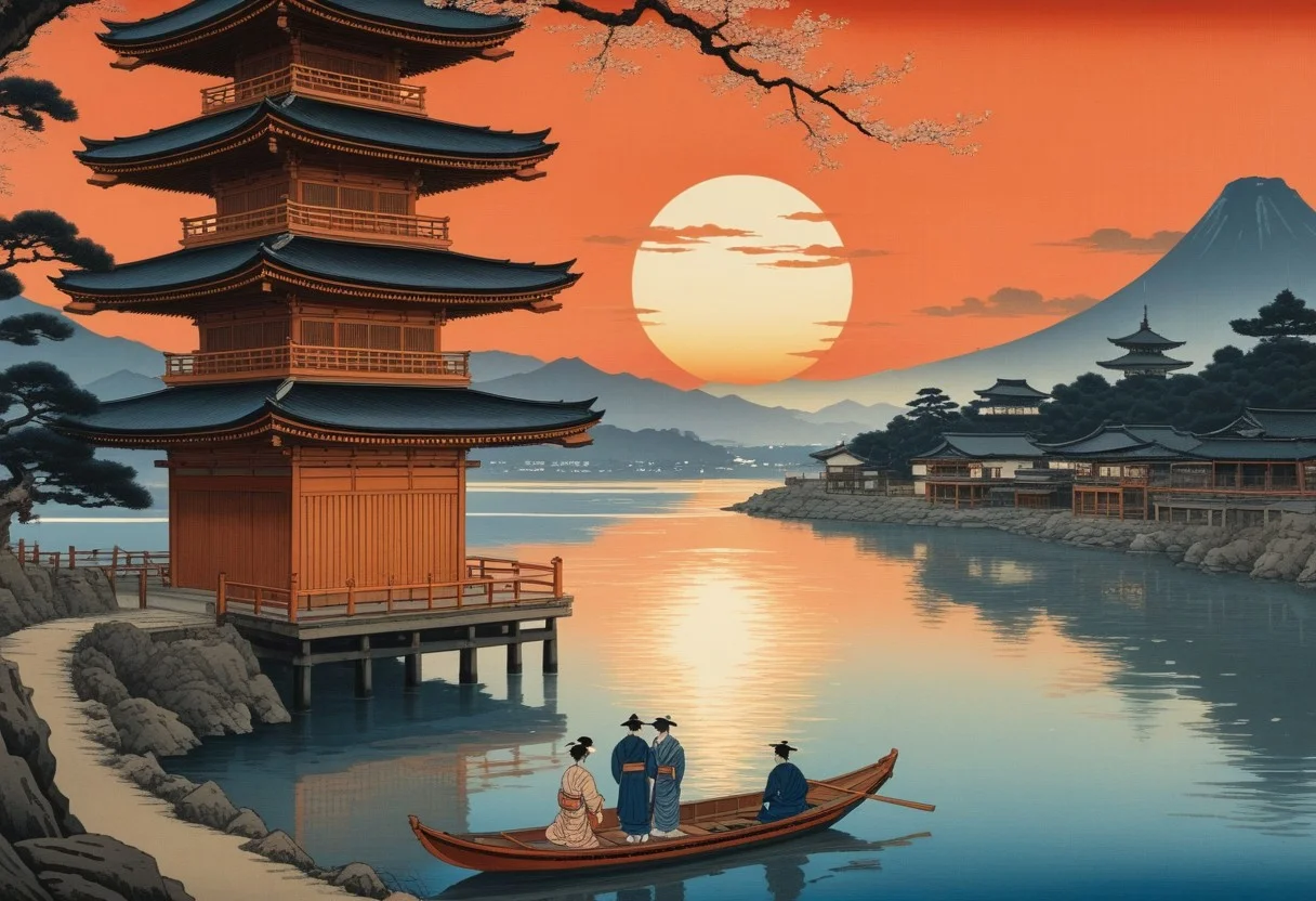 Masterpiece, best quality, ukiyo-e landscape, two traditionally dressed japanese characters looking at a sunset, romantic, pagoda on a river, small boat, harbor