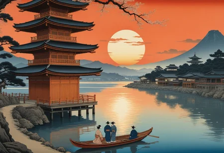 Masterpiece, best quality, ukiyo-e landscape, two traditionally dressed japanese characters looking at a sunset, romantic, pagoda on a river, small boat, harbor