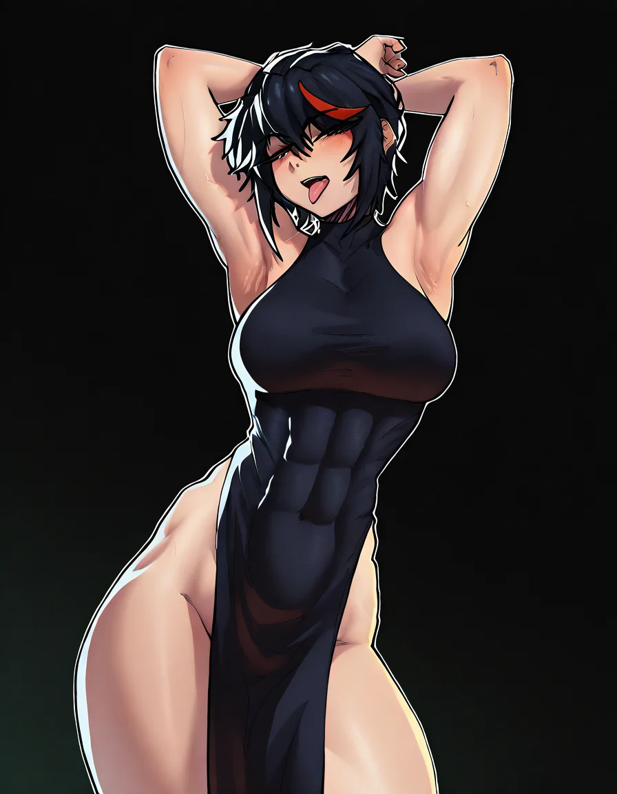 (score_9,score_8_up:1.1),score_7_up, high quality, 
stopu42, 1girl, tongue, breasts, tongue out, streaked hair, black hair, solo, muscular female, one eye closed, multicolored hair, short hair, dress, large breasts, muscular, looking at viewer, red hair, black dress, armpits, open mouth, no panties