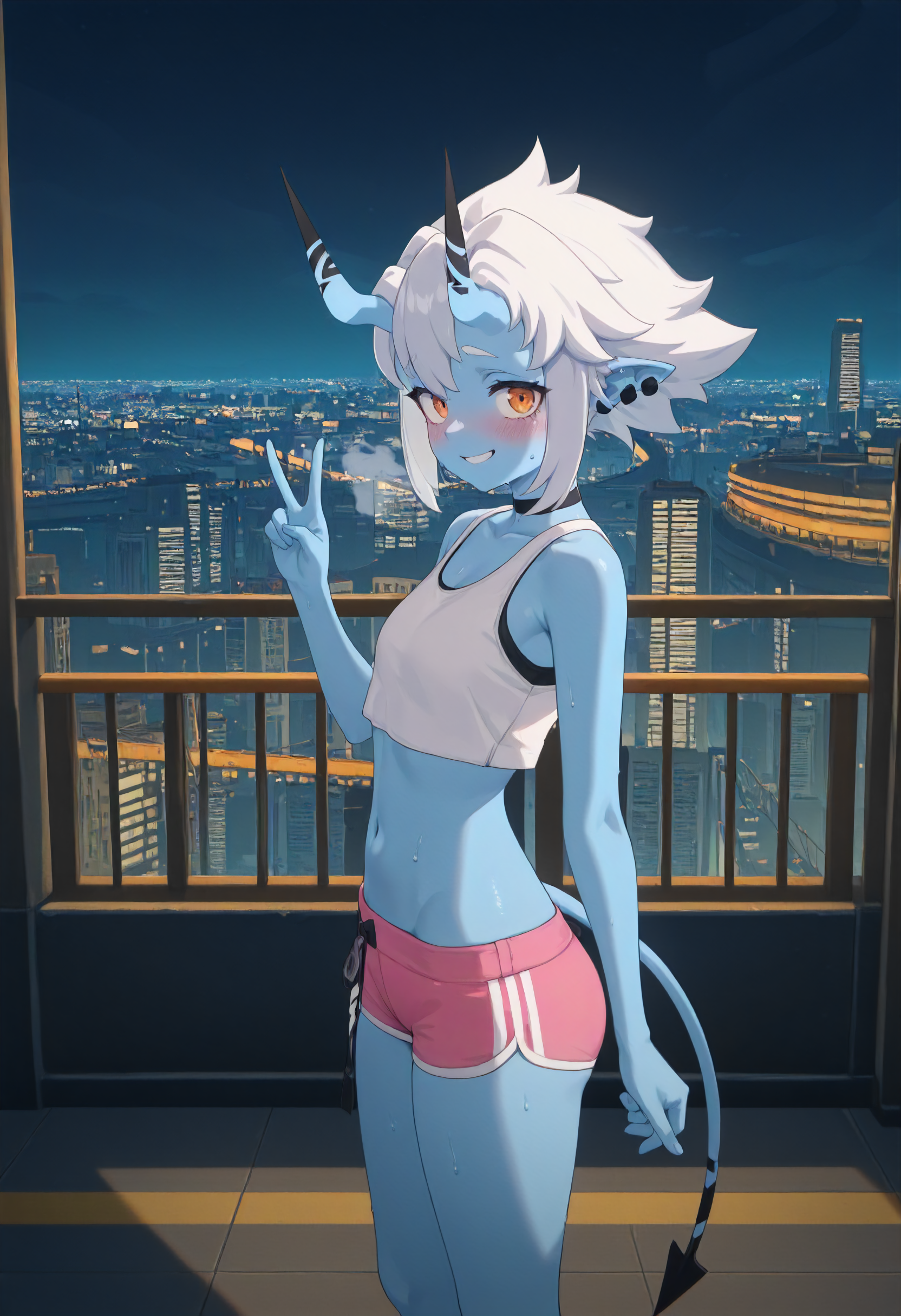 masterpiece, best quality, amazing quality, very aesthetic, absurdres, newest, scenery, volumetric lighting, perfect eyes, ultra detailed,
1girl, Soukaku, solo, blue skin, white hair, sideburns, oni horns, oni ears, ear piercings, orange eyes, demon tail, eyelashes,
choker, sports micro shorts, pink shorts, white tank top, midriff, navel,
side view, from the side, standing, looking at viewer, shy smile, nervous grin, blushing, sweating, visible breath, peace sign,
city, night sky, beautiful frame, backlighting, detailed background,
<lora:Soukaku_-_Zenless_Zone_Zero_ZZZ__Illustrious:1>
masterpiece, best quality, amazing quality, very aesthetic, absurdres, newest, scenery, volumetric lighting, perfect eyes, ultra detailed,