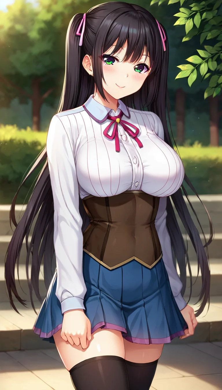 score_9,score_8_up,score_7_up,score_6_up BREAK official art,solo,outdoors,upper body,(portrait:1.5),looking at viewer,facing viewer,smile,blush,Kamisato Kiriko,very long hair,black hair,two side up,twintails,hair ribbon,pink ribbon,bangs,green eyes,school uniform,white shirt,collared shirt,neck ribbon,red ribbon,long sleeves,large breasts,underbust,brown corset,miniskirt,blue skirt,pleated skirt,thighs,black thighhighs,zettai ryouiki,loafers,<lora:Kamisato Kiriko(on)-Pony:1.2>,
