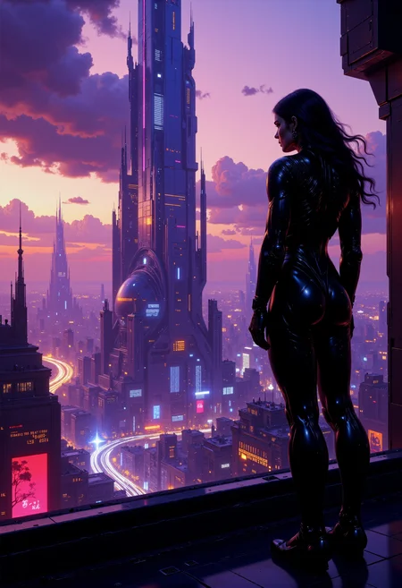 highest details, ultra hyper realism. highly detailed and realistic. intricate and highly professional artwork, an absolute masterpiece.
This is a high-quality CGI artwork featuring a futuristic cityscape with colossal towering skyscrapers at dusk. The scene is bathed in a soft, ambient light, creating a serene yet vibrant atmosphere. The camera angle is a low, wide shot, capturing the expansive view from a rooftop. In the foreground, a man and a woman stand next to each other, silhouetted against the city lights. The woman has long, flowing hair, and the man is dressed in a dark jacket and pants. The skyscrapers reach high into the sky and are adorned with a flood of glowing lights, neon signs, and holographic advertisements, adding a cyberpunk aesthetic. The background sky is a gradient of deep Cherry Blossom Pink and Wine Red, enhancing the futuristic feel. Atmospheric haze and motion blur. The overall aesthetic quality is very high, with detailed textures and a visually striking composition.
<lora:artilands_v02_epoch_6:1>