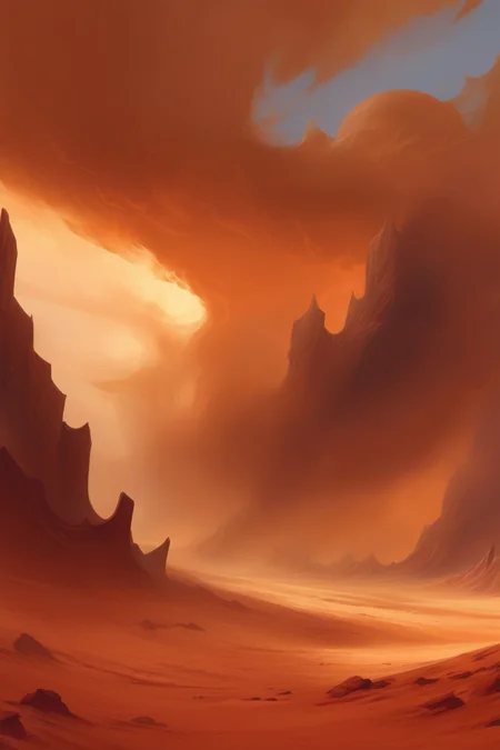 <lora:Noah Bradley Style:1>Noah Bradley Style - A striking environment concept art by Roberto Ferri in the style of speed painting for a DnD game, depicting a desert enduring relentless sandstorms. The scene paints a picture of chaos and beauty as swirling clouds of sand reshape the landscape, constantly in motion under the turbulent winds. Leveraging digital painting, Ferri seamlessly merges the realms of reality and fantasy to encapsulate the relentless ferocity and ethereal beauty of the desert storms. The lighting, muted and diffused by the sand-choked air, casts a surreal, amber glow throughout the scene, and the colour palette concentrates on a spectrum of desert hues: burnt sienna, golden yellow, and sandy beige against the stark, deep blue of the stormy horizon. The composition employs a panoramic lens perspective to magnify the sprawling desert and the formidable presence of the sandstorms, drawing the viewer into this tumultuous yet mesmerizing environment.