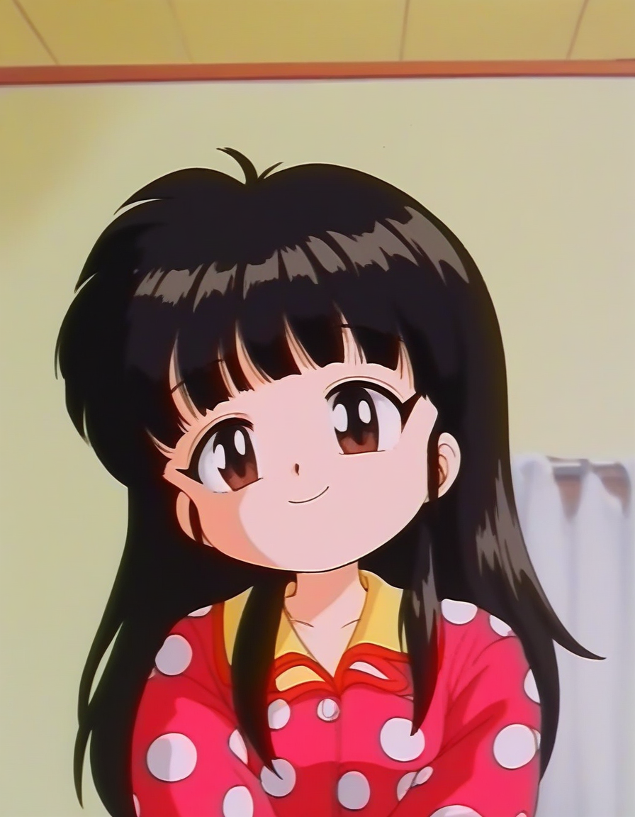score_9, score_8_up, score_7_up, source_anime, rating_explicit, BREAK  <lora:Byouinji_Yunna_Anime_XL:1> ByouinjiYunna, long hair, bangs, black hair, brown eyes, short stack, solo, small breasts, 
1girl, solo, red pajamas,  smile, polka dot,  long sleeves, looking at viewer, upper body, , closed mouth, indoors