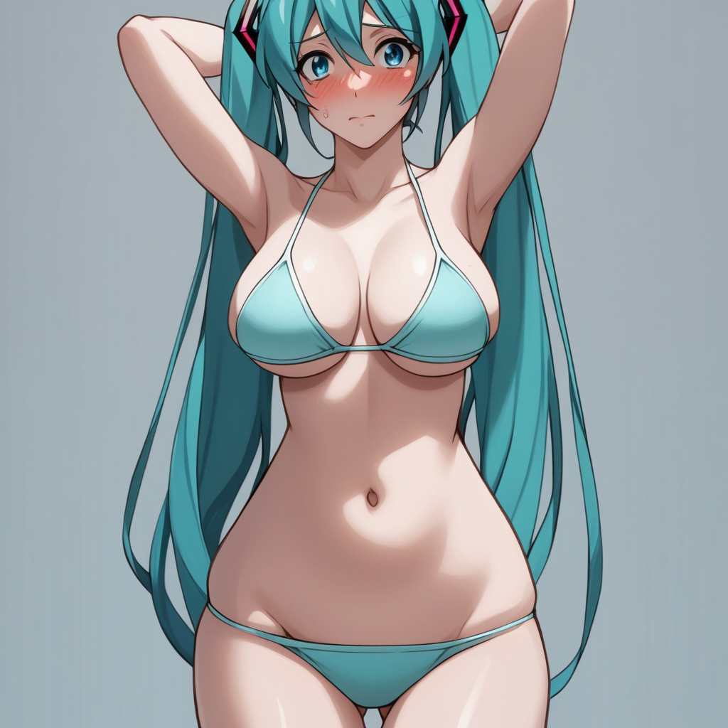 score_9, score_8_up, score_7_up, source_anime, expressive, anime, (T5UM4N3T0R1:1.2), Artist speedlines, dynamic, 1girl, (hatsune_miku), aqua hair, twintails, blue eyes, (white bikini), large breasts, skinny, thick thighs, navel, standing, shy, blush, blushing, embarrassed, sensual, horny, longing, looking at viewer, source_hentai, simple background