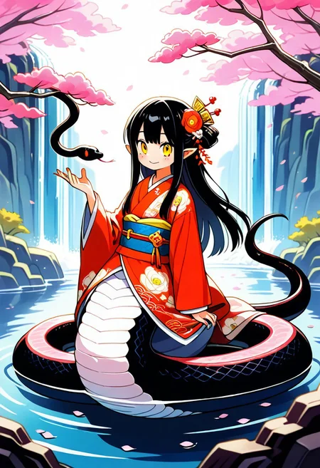 masterpiece, ultra-detailed, best quality, 8K, illustration, absolutely eye-catching, 1girl, solo, sn4ke, snake girl, lamia, cute girl, BREAK cute, teenage, pointed ears, smile, highly detailed beautiful face and eyes, long hair, hair ornament, kimono, snake tail, kawaii, happy, coiled snake body, A big mountain with a waterfall and a beautiful sakura tree in the background, pink petals floating around, detailed, sinoink, chinese ink style, flat colors, pastel colors