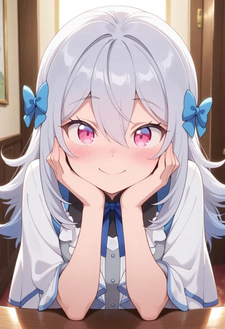masterpiece,best quality,amazing quality, reine von silford, blue-grey hair, long hair, pink eyes, 1girl, smile, solo, bow, hair bow, blue bow, blush, looking at viewer, hands on own face, hair between eyes, closed mouth