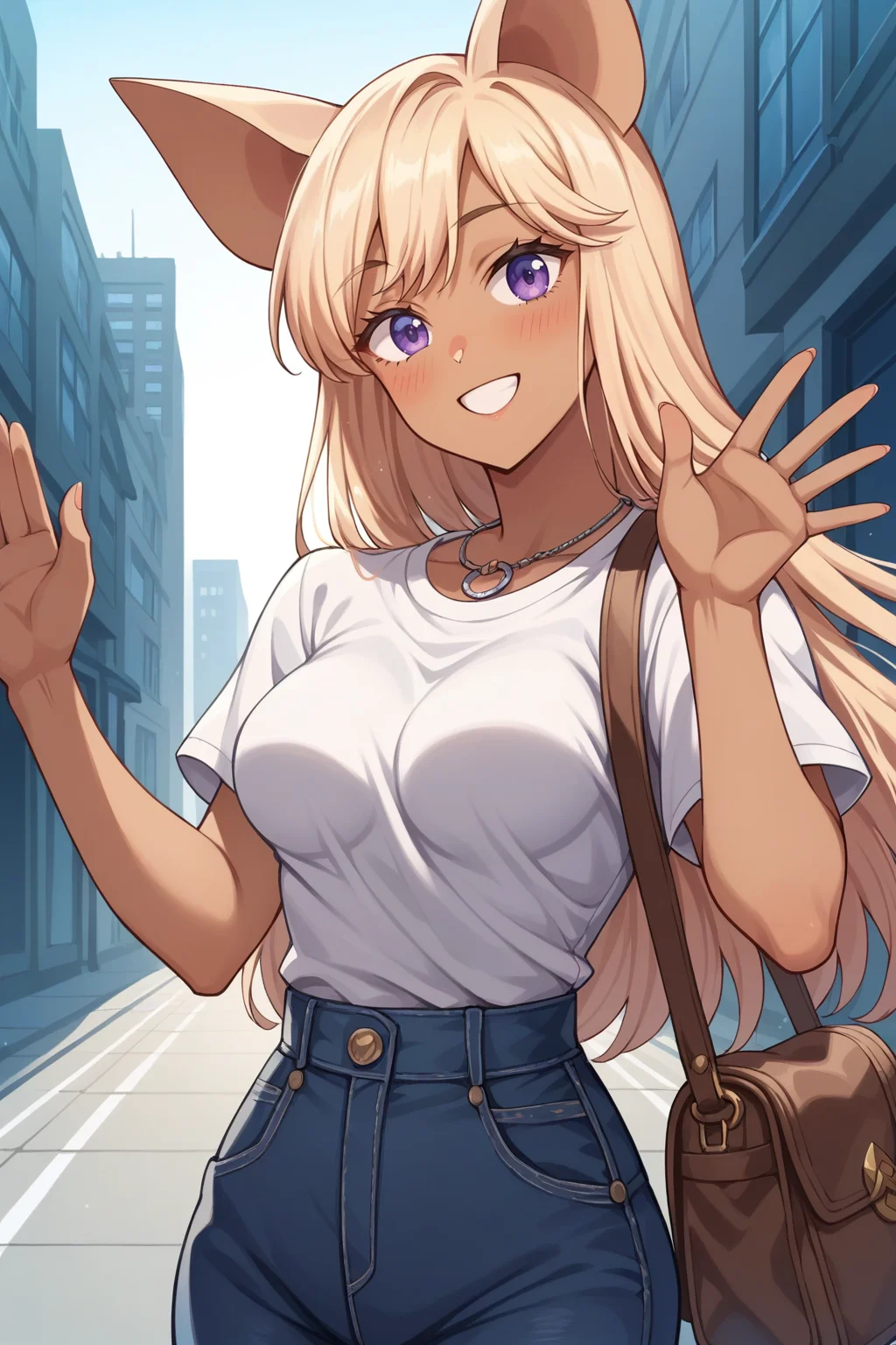 score_9, score_8_up, score_7_up, source_anime, 1girl, prefect lighting, very aesthetic, intricate details, highly detailed background, masterpiece, high quality, prefect hands, best quality, solo,
<lora:Rose_Zaiyuki_V1:.85>, KJOrose, blonde hair, purple eyes, long hair, animal ears, dark-skinned female,
high waist jeans, white t-shirt, brown bag,
smile, waving, head tilt, blush, looking at viewer,
city, street,
(Beautiful, medium Breasts:1.2), natural breasts,