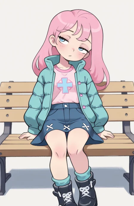 1girl, solo, <lora:qtkat:0.9> qtkat,
crystal pony \(mlp\), aqua open jacket, down jacket, pink button-up shirt, long sleeves, blue cross-laced skirt, aqua tube socks, black snow boots, sitting on bench, relaxed pose, slight head tilt, uninterested expression, casual style, extremely detailed, highres, masterpiece, best quality